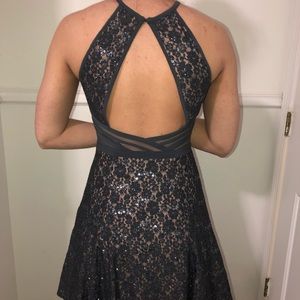 Sparkly Sequin Silver with Mesh Cutout Formal Dress Morgan & Co.